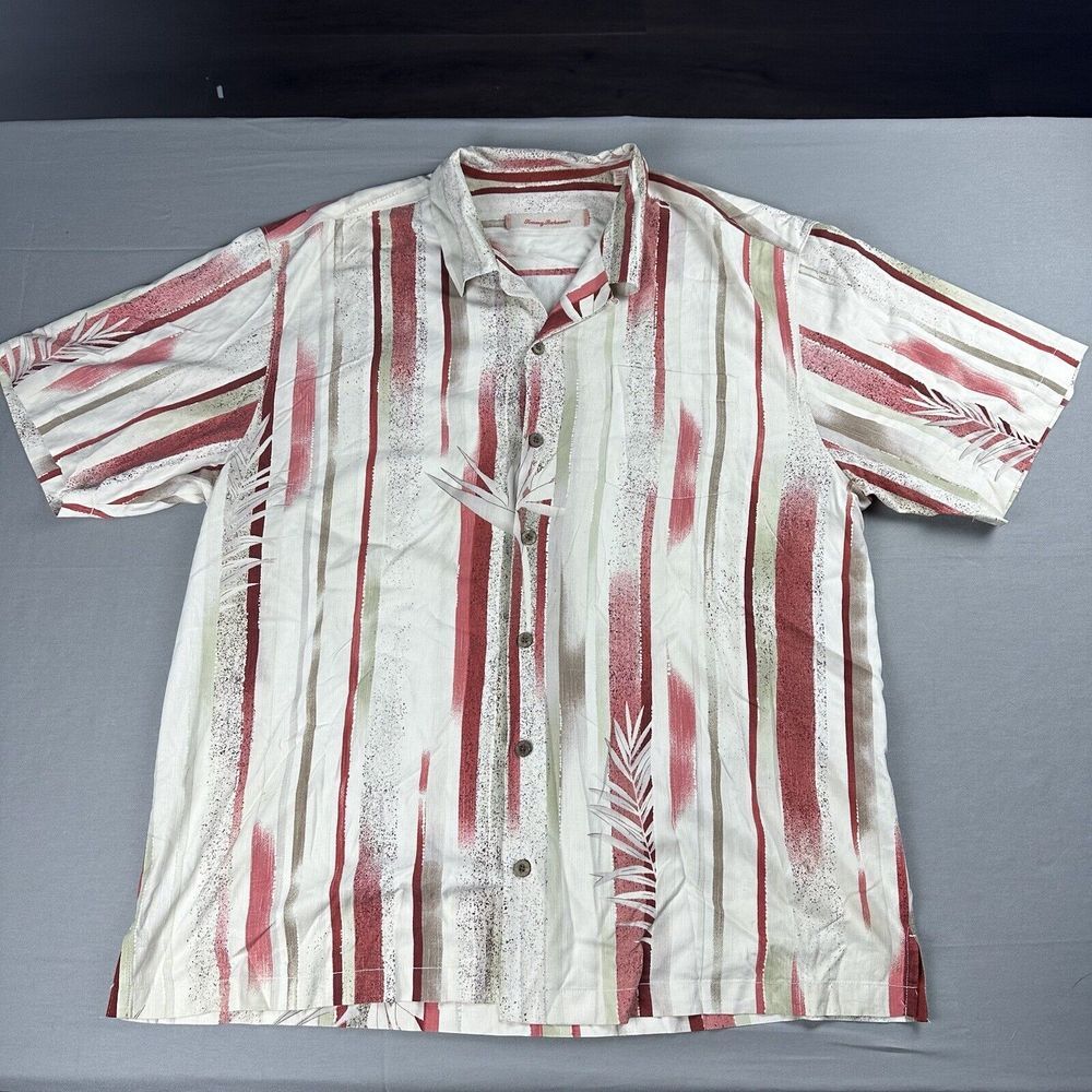 Tommy Bahama Shirt Men XL Striped Beige Short Sleeve Silk Hawaiian AOP Loop Neck